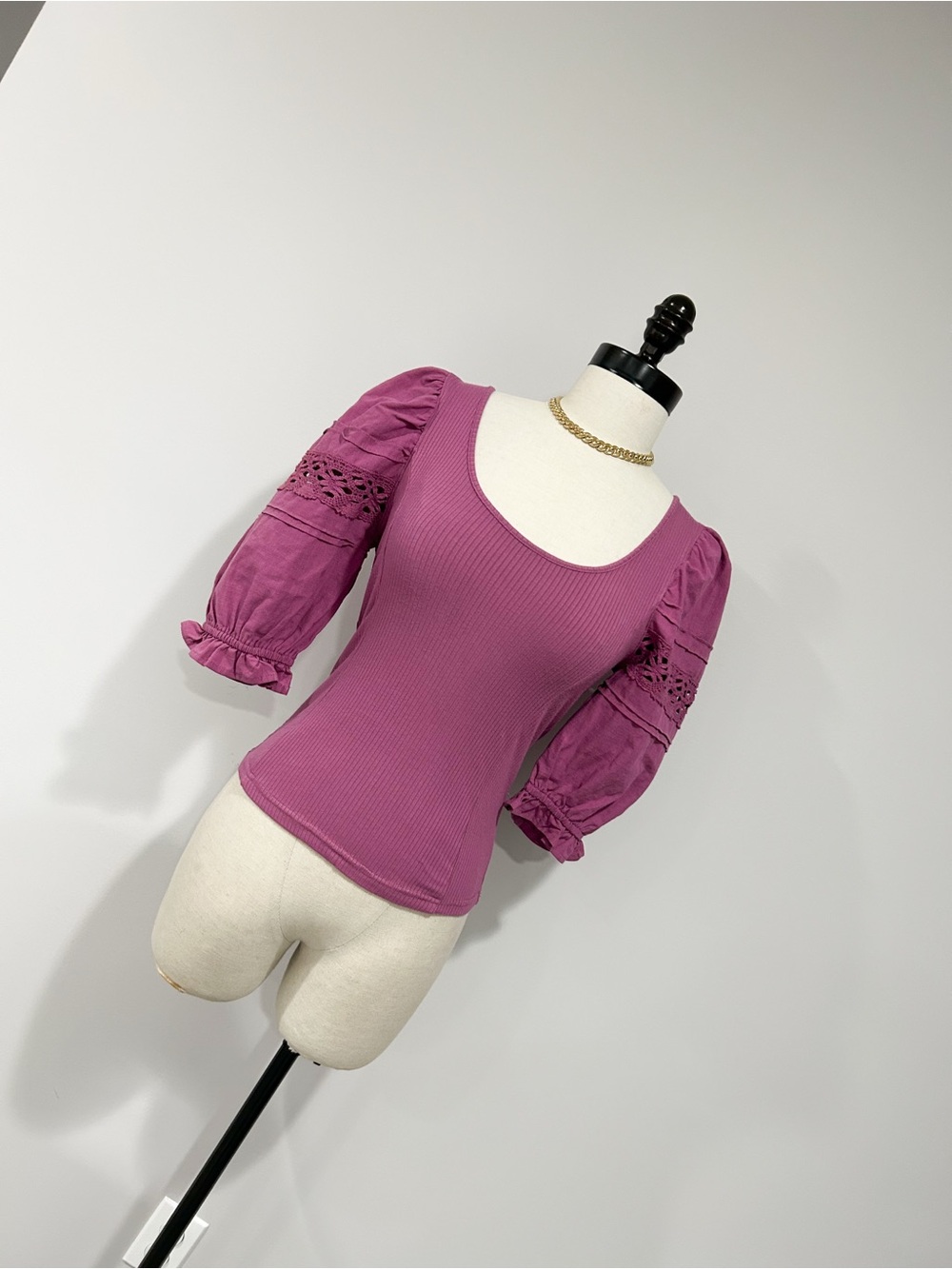 Free People Ribbed Scoop Neck Puff Sleeve Top in Plum
